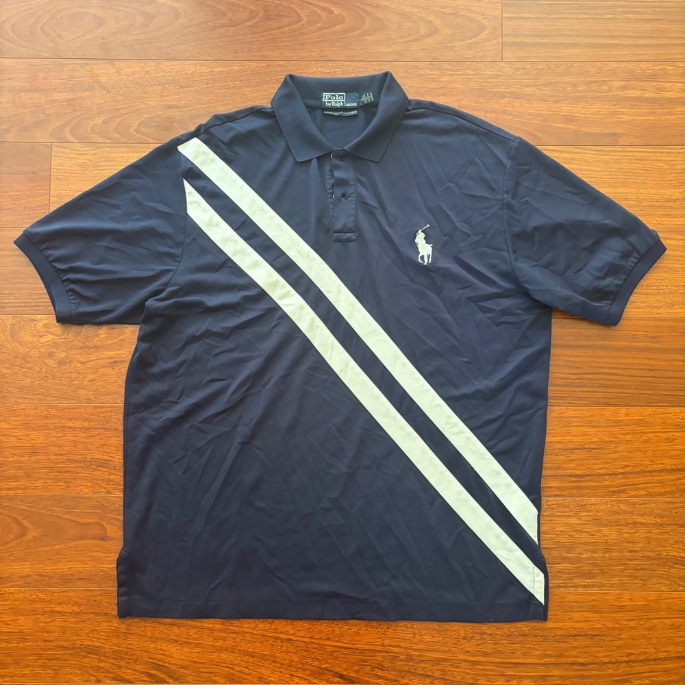 Polo Ralph Lauren Mens Large Navy Blue Sash Stripe Performance Polo Shirt Golf